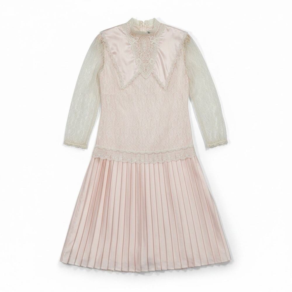 Vtg 80s Jessica McClintock Blush Pink Lace Dress Gown Gunne Sax Victorian 14